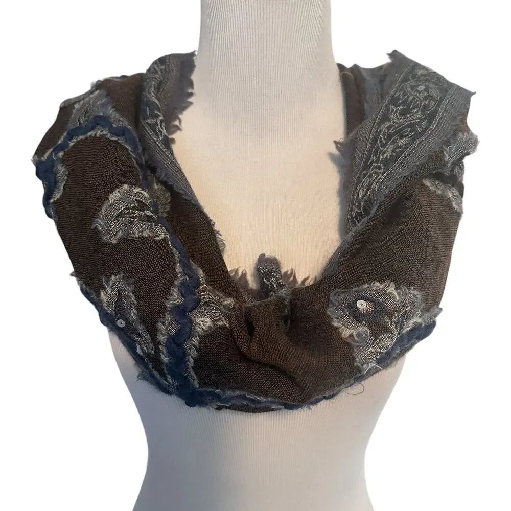 Tolani 100% Wool Scarf Brown Blue Embroidered Sequins Paisley Fringe Oversized